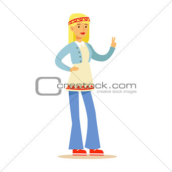 Girl Hippie Dressed In Classic Woodstock Sixties Hippy Subculture Clothes In Flared Jeans