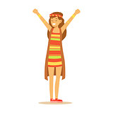 Girl Hippie Dressed In Classic Woodstock Sixties Hippy Subculture Clothes, Colorful Dress And Long Vest