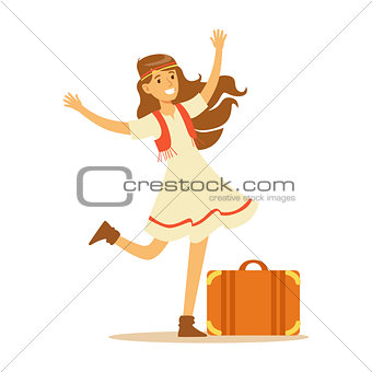Hippie Dressed In Classic Woodstock Sixties Hippy Subculture Clothes, Dress And Vest Traveling With Suitcase