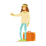 Guy Hippie Dressed In Classic Woodstock Sixties Hippy Subculture Clothes Hiitchhiking With Suitcase