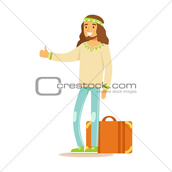 Guy Hippie Dressed In Classic Woodstock Sixties Hippy Subculture Clothes Hiitchhiking With Suitcase