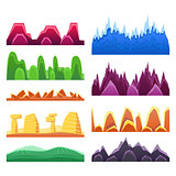 2D Rock And Mountain Profile Elements Set In Bright Color, Video Game Landscaping Of Alien Planet Background Relief