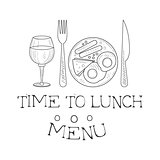 Cafe Lunch Menu Promo Sign In Sketch Style With English Breakfast And Wine Glass, Design Label Black And White Template
