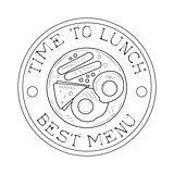 Round Frame Cafe Lunch Menu Promo Sign In Sketch Style With English Breakfast, Design Label Black And White Template