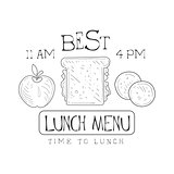 Cafe Lunch Menu Promo Sign In Sketch Style With Sandwich, Apple And Cookies, Design Label Black And White Template