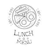Cafe Lunch Menu Promo Sign In Sketch Style With Opening Hours, Design Label Black And White Template