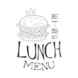 Cafe Lunch Menu Promo Sign In Sketch Style With Burger And Opening Hours, Design Label Black And White Template