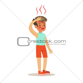 Sick Overheated Kid Feeling Unwell Suffering From Sickness Needing Healthcare Medical Help Cartoon Character