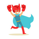 Boy Pretending To Have Super Powers Dressed In Superhero Costume With Blue Cape And Giant Fists Smiling Character