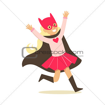 Girl Pretending To Have Super Powers Dressed In Pink Superhero Costume With Black Cape And Cat Mask Smiling Character