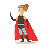 Girl Pretending To Have Super Powers Dressed In Superhero Costume With Red Cape And Make Up Smiling Character