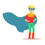 Blond Boy Pretending To Have Super Powers Dressed In Superhero Costume With Blue Cape And Mask Smiling Character