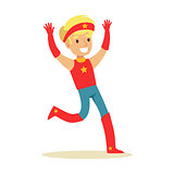 Boy Pretending To Have Super Powers Dressed In Red Superhero Costume With Headband With Star Smiling Character