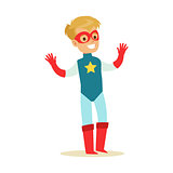 Boy Pretending To Have Super Powers Dressed In Blue Superhero Costume With Star And Mask Smiling Character