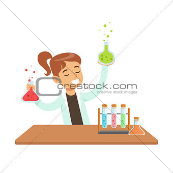 Girl Chemist and Chemical Experiment, Kid Doing Science Research Dreaming Of Becoming Professional Scientist In The Future