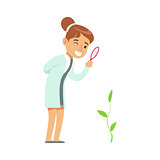Girl Botanist Studying Plant, Kid Doing Botany Science Research Dreaming Of Becoming Professional Scientist In The Future