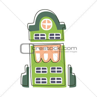 Tall Green Building With Big Windows, Cute Fairy Tale City Landscape Element Outlined Cartoon Illustration