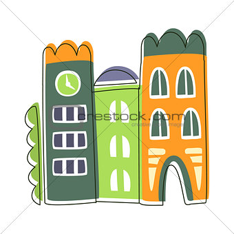 Narrow Houses Stuck To Each Other, Cute Fairy Tale City Landscape Element Outlined Cartoon Illustration