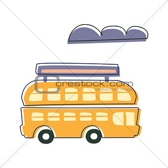 Double Decked Public Transport Yellow Bus, Cute Fairy Tale City Landscape Element Outlined Cartoon Illustration