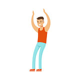 Asian Guy In Top And Jeans Dancing On Dancefloor, Part Of People At The Night Club Series Of Vector Illustrations