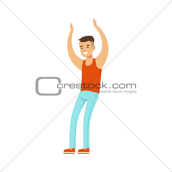 Asian Guy In Top And Jeans Dancing On Dancefloor, Part Of People At The Night Club Series Of Vector Illustrations
