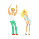 Blond Couple With Sexy Girl In White Dress Dancing On Dancefloor, Part Of People At The Night Club Series Of Vector Illustrations
