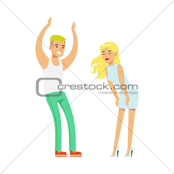 Blond Couple With Sexy Girl In White Dress Dancing On Dancefloor, Part Of People At The Night Club Series Of Vector Illustrations