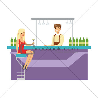 Cute Girl In Red Dress Drinking Alone At The Bar With Barman, Part Of People At The Night Club Series Of Vector Illustrations