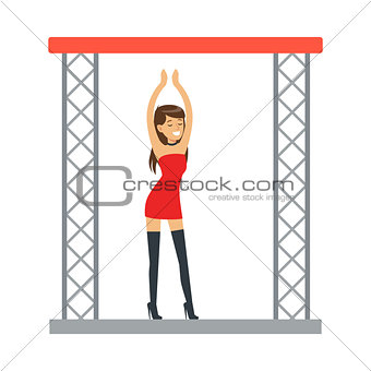 Go-go Dancer Entertainment Girl In Sexy Red Dress Dancing On Stage, Part Of People At The Night Club Series Of Vector Illustrations