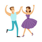 Couple In With Woman In Fancy Dress Dancing On Dancefloor, Part Of People At The Night Club Series Of Vector Illustrations
