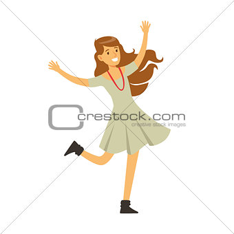 Cute Girl In Grey Dress Dancing On Dancefloor, Part Of People At The Night Club Series Of Vector Illustrations