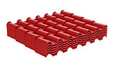 Red corrugated tile element of roof. Isolated