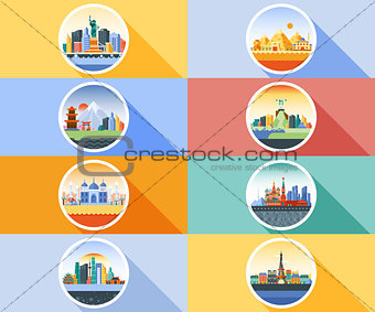 Vector icon circle flat style architecture buildings town city country travel Moscow Russian capital France, Paris, Japan, India, Egypt, pyramids, China, Brazil, USA