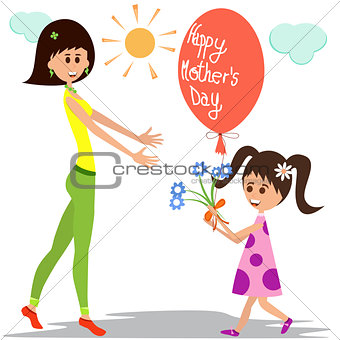 Girl giving flowers and balloon to her mother.