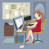 Freelance woman working at home with computer. Vector illustration in flat style