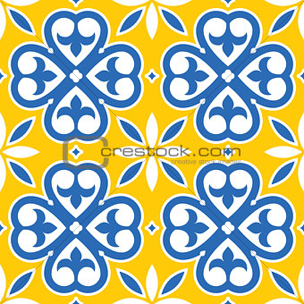 Spanish tiles pattern, Moroccan and Portuguese tile seamless design in navy blue and yellow  - Azulejo