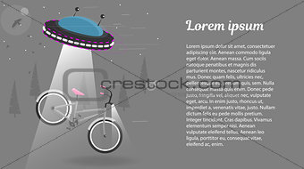 UFO alien flying with lights took the bike. Funny cartoon vector illustration .