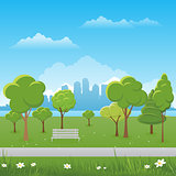 Spring landscape background. Public park Vector illustration. city in background