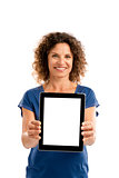 Happy woman holding tablet