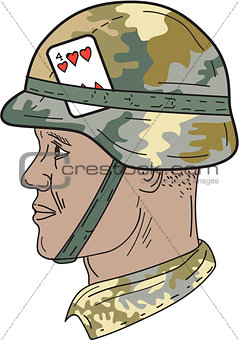 African American US Army Soldier Helmet Playing Card Drawng