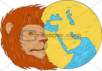 Lion Head Middle East Asia Map Globe Drawing