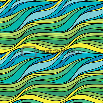Vector color hand-drawing seamless wave sea background. Blue and