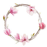 Watercolor magnolia wreath isolated on white background. Spring 