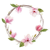 Watercolor magnolia wreath on white background. Woman day greeti