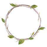 Watercolor wreath  with leaves and branches isolated on white ba