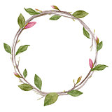 Watercolor wreath  with leaves,buds and branches isolated on whi