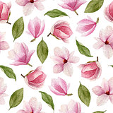 Watercolor spring seamless pattern with magnolia flowers and lea