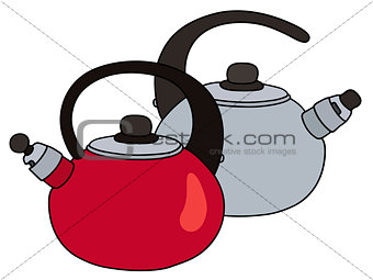 Red and steel teapots