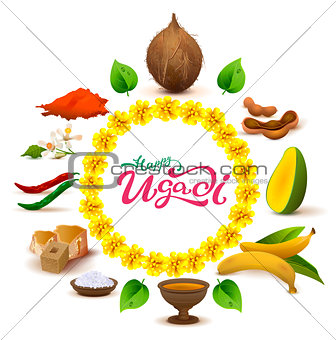 Happy Ugadi lettering text. Set of accessories food. Coconut, sugar, salt, pepper, banana, mango