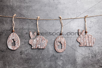 Easter decoration bunnies hanging on a string 